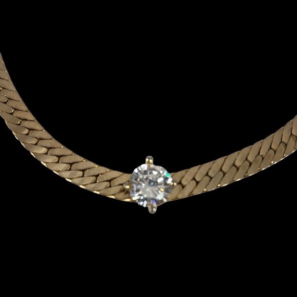 Unbranded Jewelry - Vintage Gold Tone Solitaire Rhinesotne Necklace Herringbone Chain 17in Korea